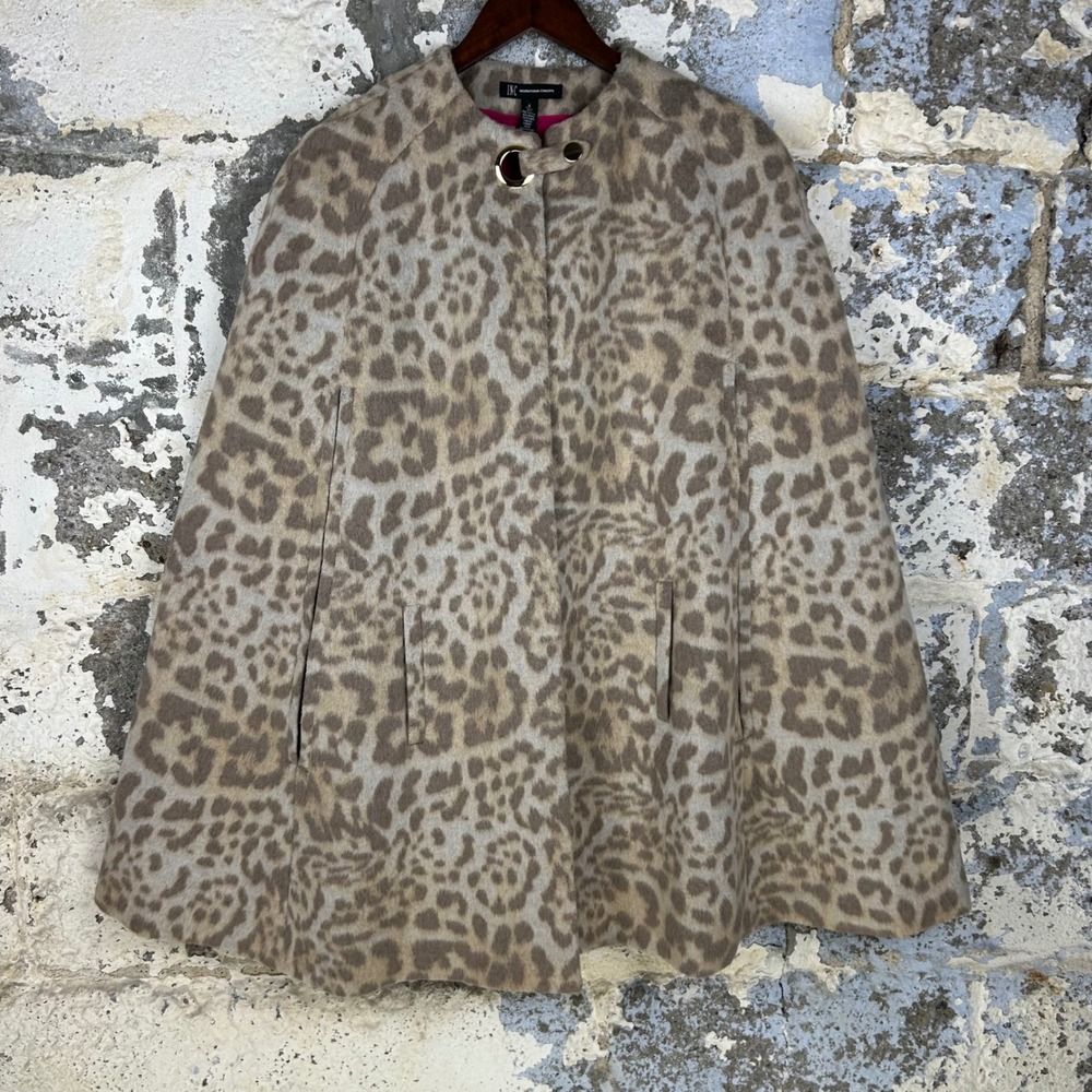 NEW INC Leopard Print Cape Coat Tan Grey Wool Blend Cleo Cheetah 2 Womens Small